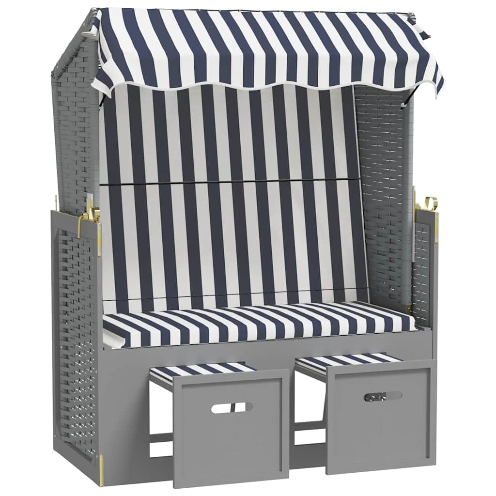 vidaXL Strandkorb mit Dach Poly Rattan und Massivholz Blau & Weiß