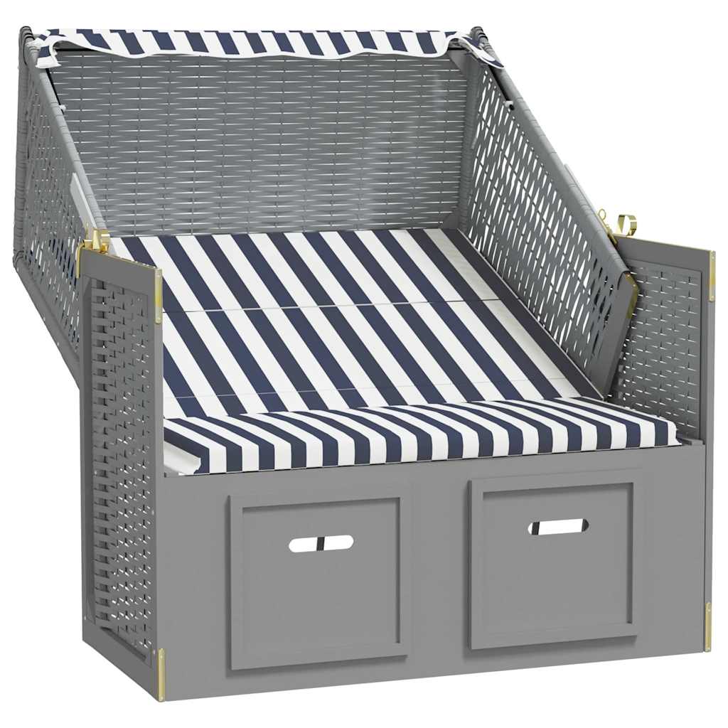 vidaXL Strandkorb mit Dach Poly Rattan und Massivholz Blau & Weiß
