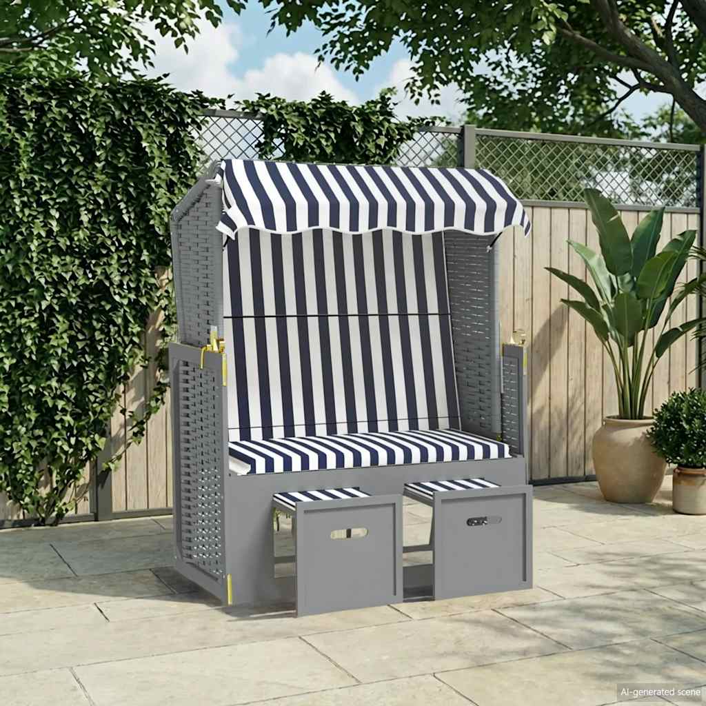 vidaXL Strandkorb mit Dach Poly Rattan und Massivholz Blau & Weiß