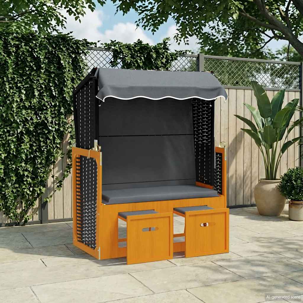 vidaXL Strandkorb mit Dach Poly Rattan & Massivholz Schwarz Anthrazit