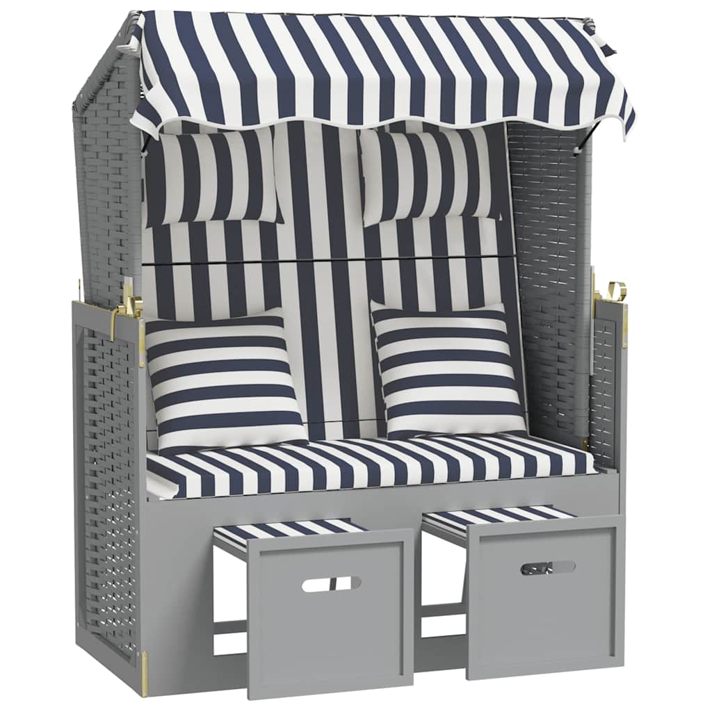 vidaXL Strandkorb mit Kissen Poly Rattan und Massivholz Blau & Weiß