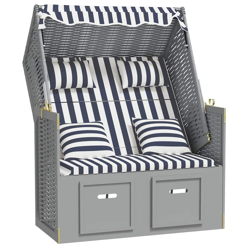 vidaXL Strandkorb mit Kissen Poly Rattan und Massivholz Blau & Weiß