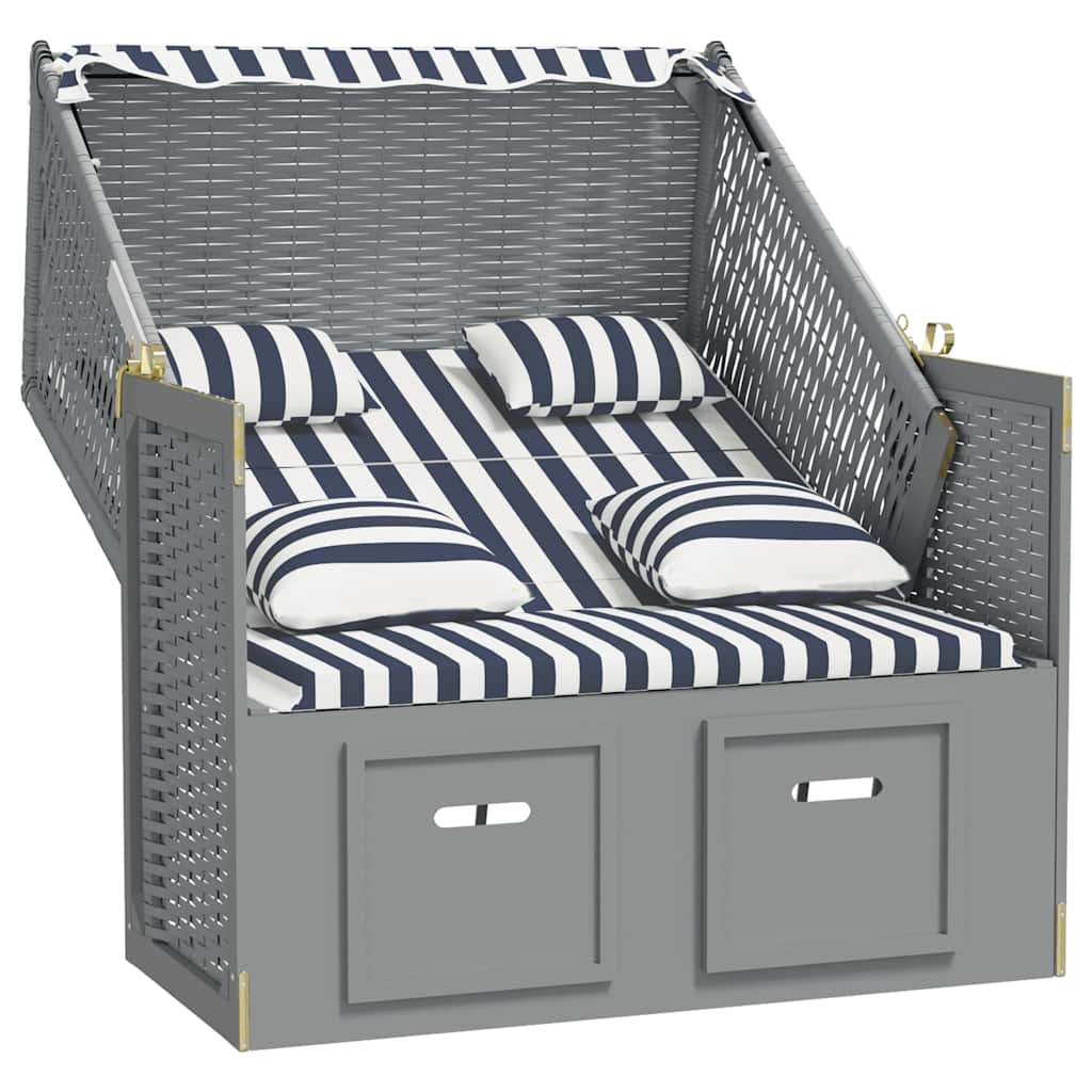 vidaXL Strandkorb mit Kissen Poly Rattan und Massivholz Blau & Weiß