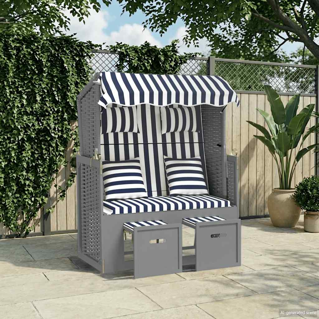 vidaXL Strandkorb mit Kissen Poly Rattan und Massivholz Blau & Weiß