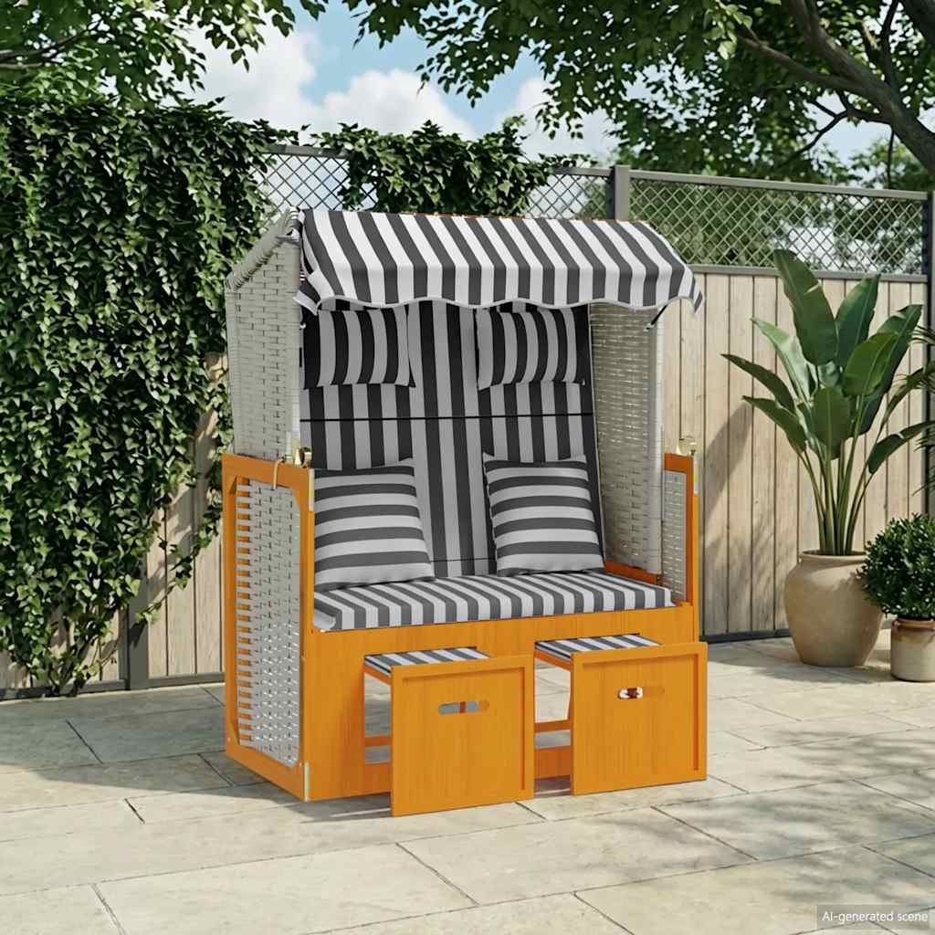 vidaXL Strandkorb mit Kissen Poly Rattan & Massivholz Weiß & Grau