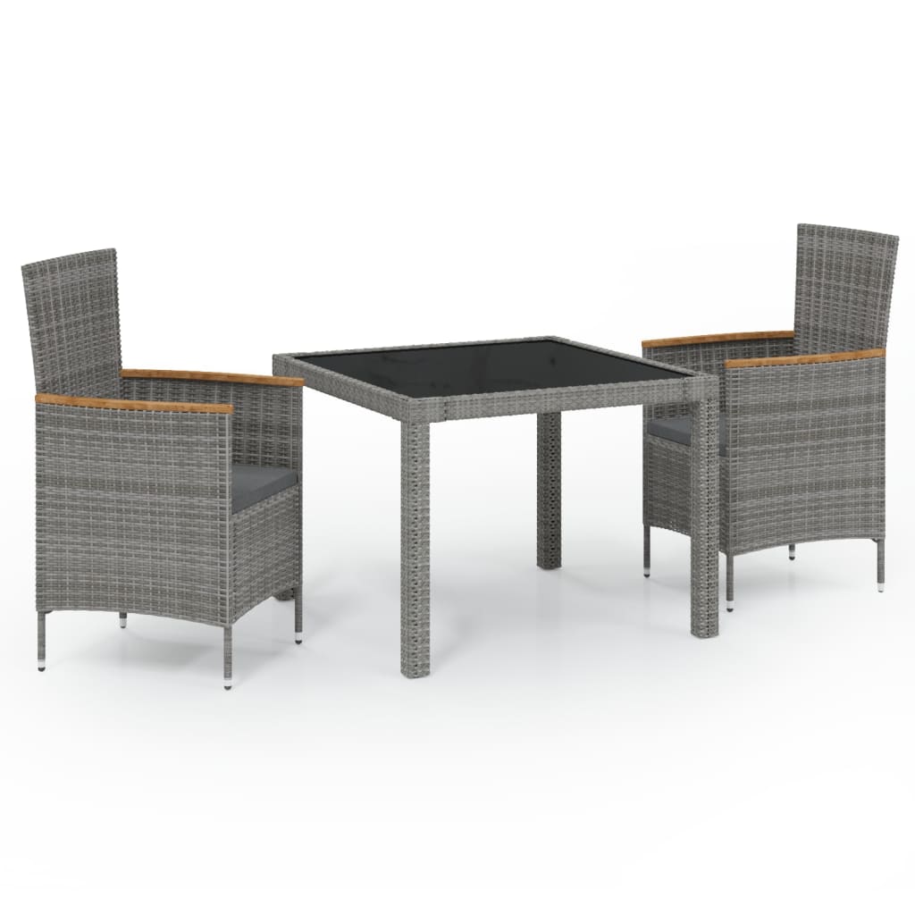 vidaXL 3-tlg. Garten-Essgruppe mit Auflagen Poly Rattan Schwarz & Grau