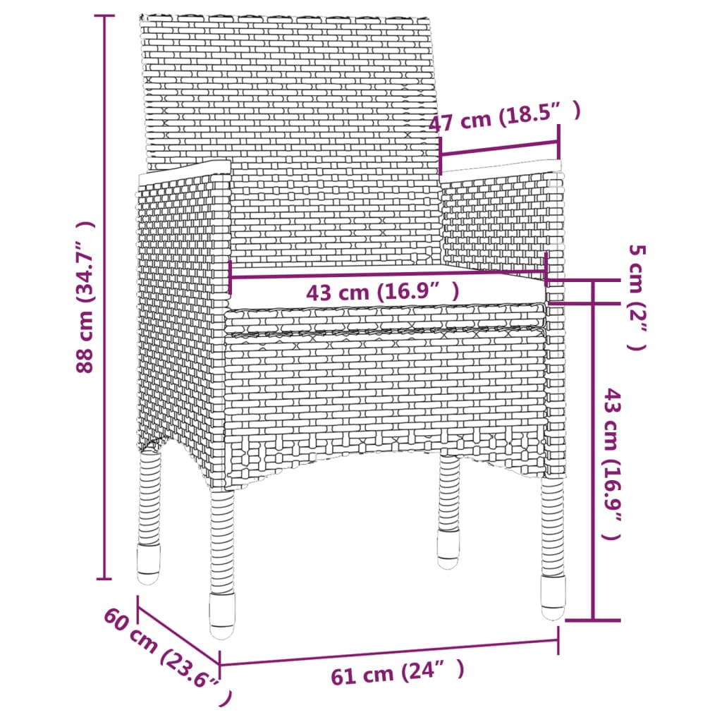 vidaXL 3-tlg. Garten-Essgruppe mit Auflagen Poly Rattan Schwarz & Grau