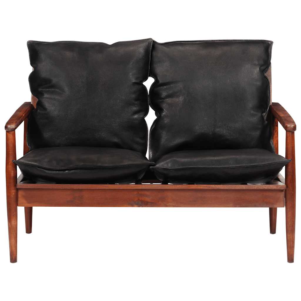 vidaXL 2-Sitzer-Sofa Schwarz Echtleder und Massivholz Akazie