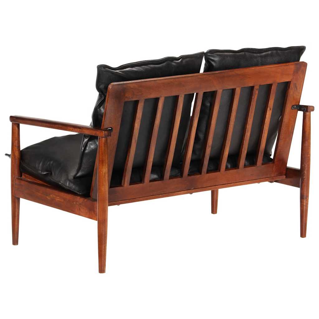 vidaXL 2-Sitzer-Sofa Schwarz Echtleder und Massivholz Akazie