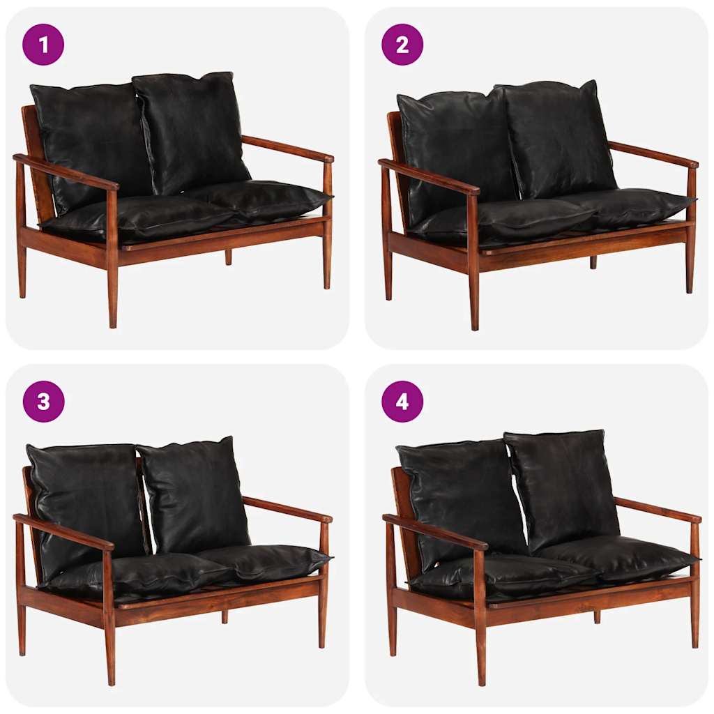 vidaXL 2-Sitzer-Sofa Schwarz Echtleder und Massivholz Akazie