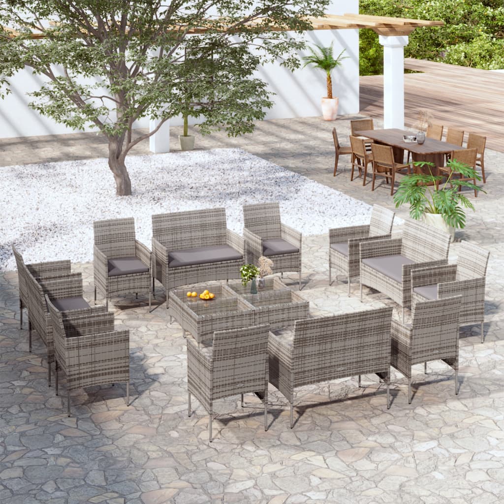 vidaXL 16-tlg. Garten-Lounge-Set mit Auflagen Poly Rattan Schwarz