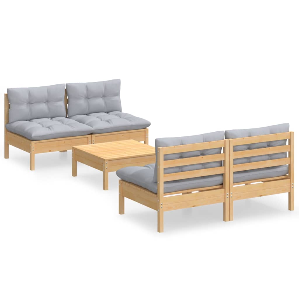 vidaXL 5-tlg. Garten-Lounge-Set mit Grauen Kissen Kiefernholz