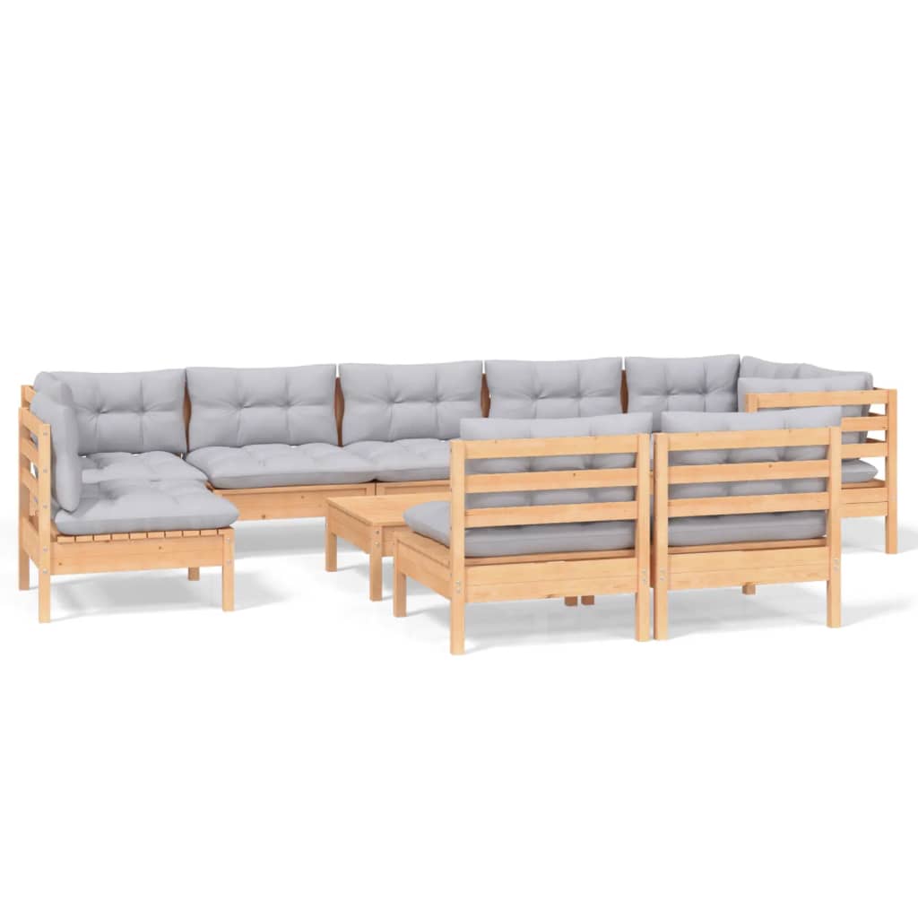 vidaXL 10-tlg. Garten-Lounge-Set mit Grauen Kissen Kiefer Massivholz