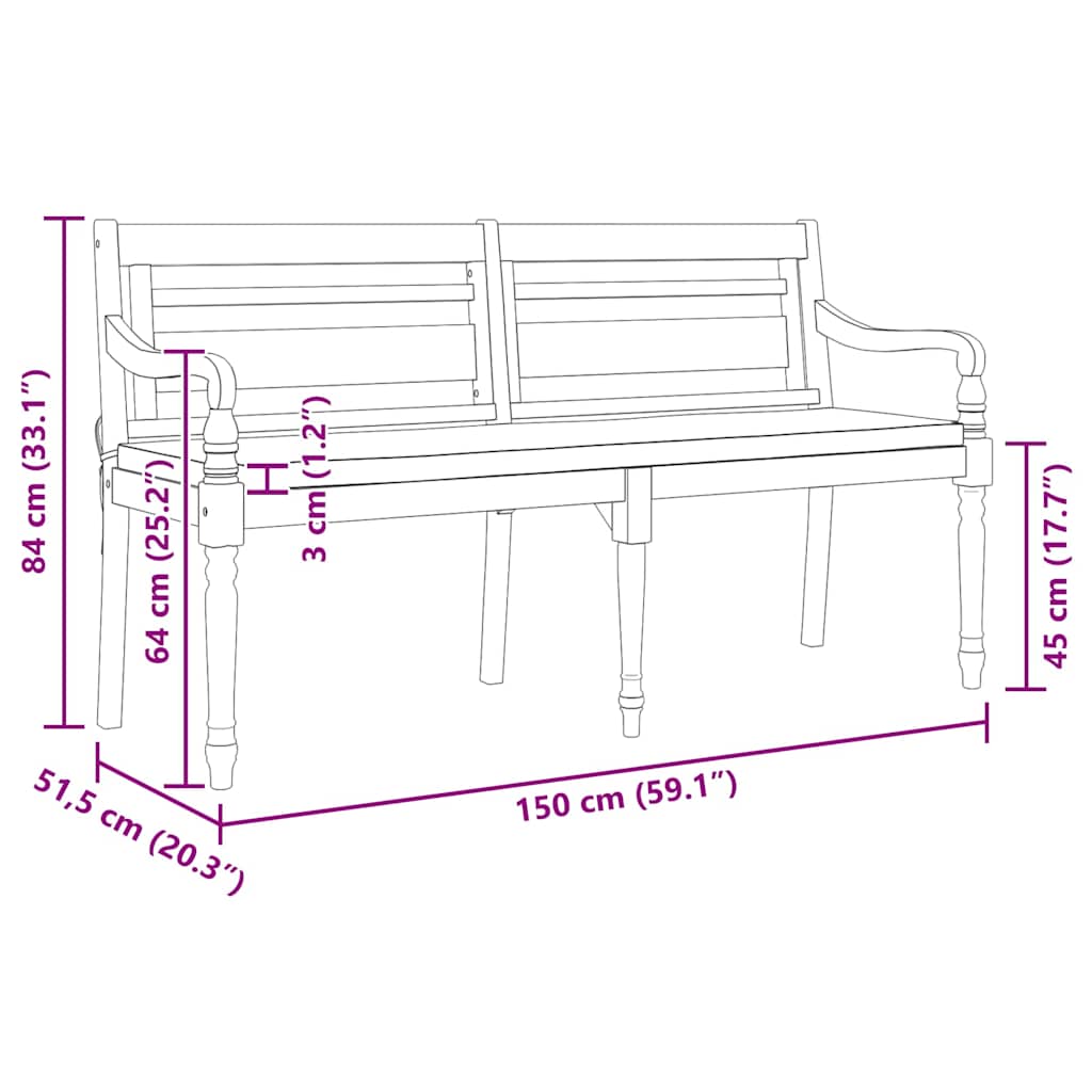 vidaXL Batavia-Bank mit Kissen 150 cm Massivholz Teak