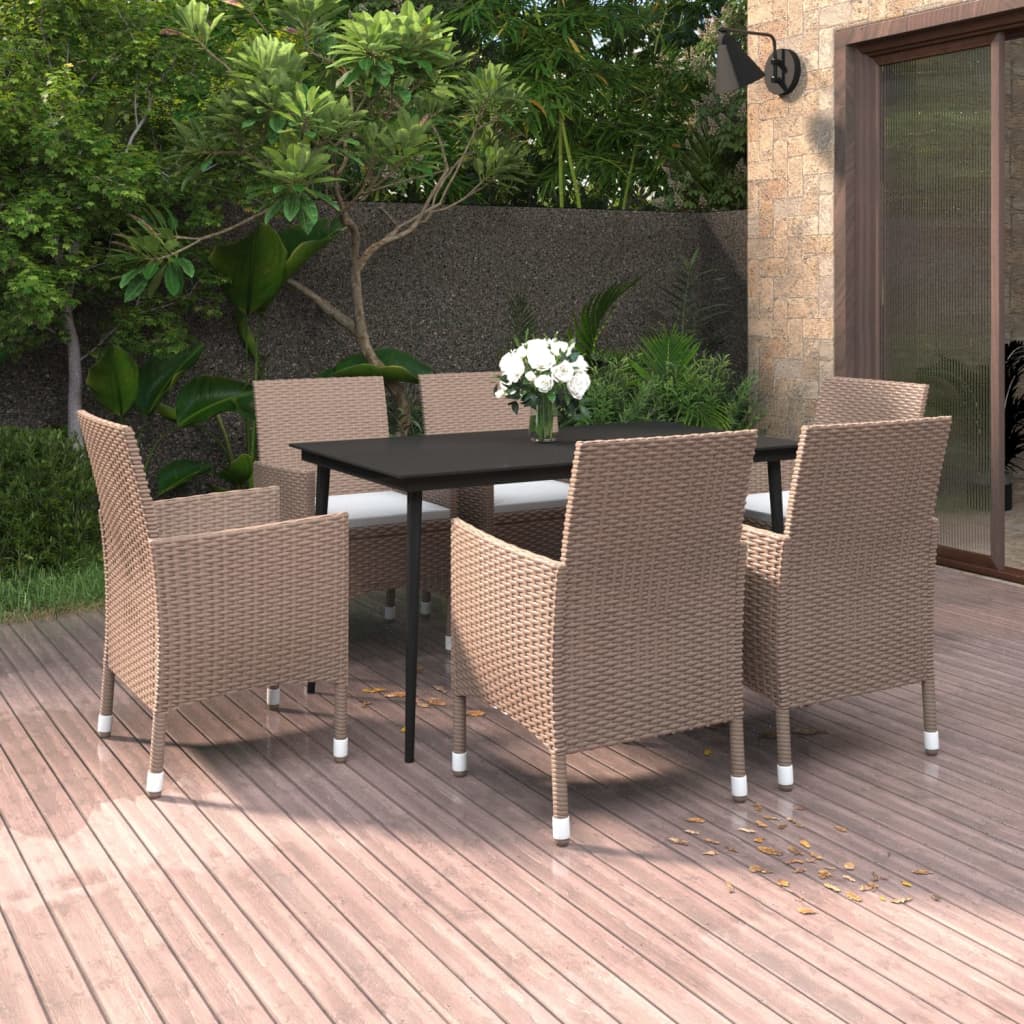 vidaXL 7-tlg. Garten-Essgruppe mit Kissen Poly Rattan und Glas