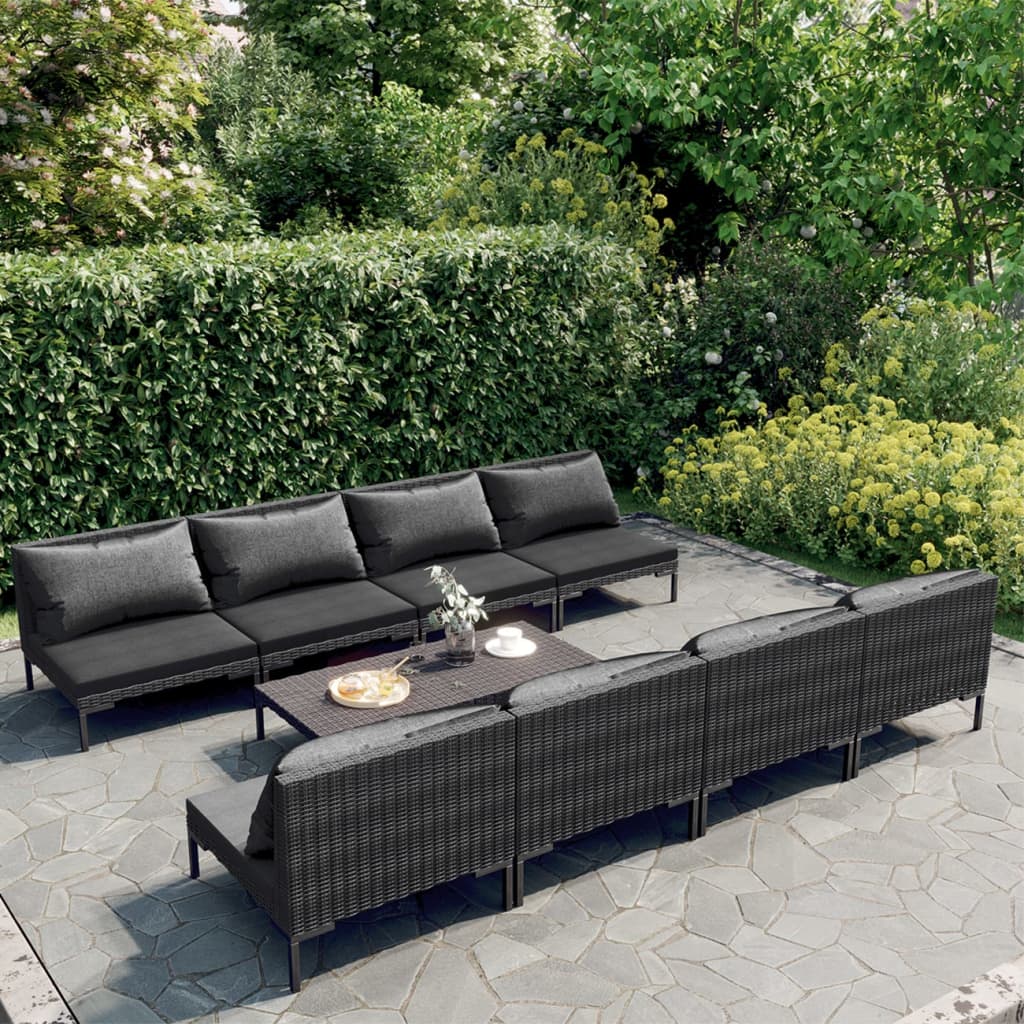 vidaXL 9-tlg. Garten-Lounge-Set mit Kissen Poly Rattan Dunkelgrau