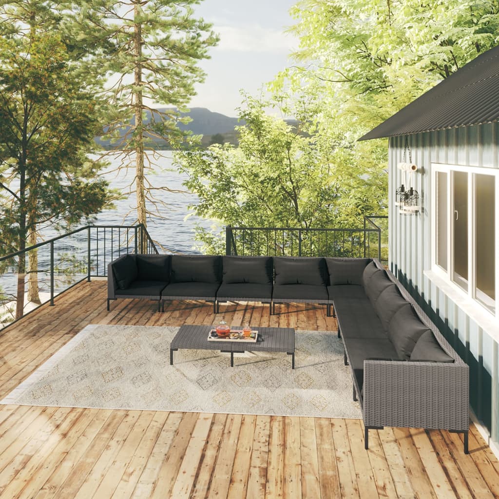 vidaXL 10-tlg. Garten-Lounge-Set mit Kissen Poly Rattan Dunkelgrau