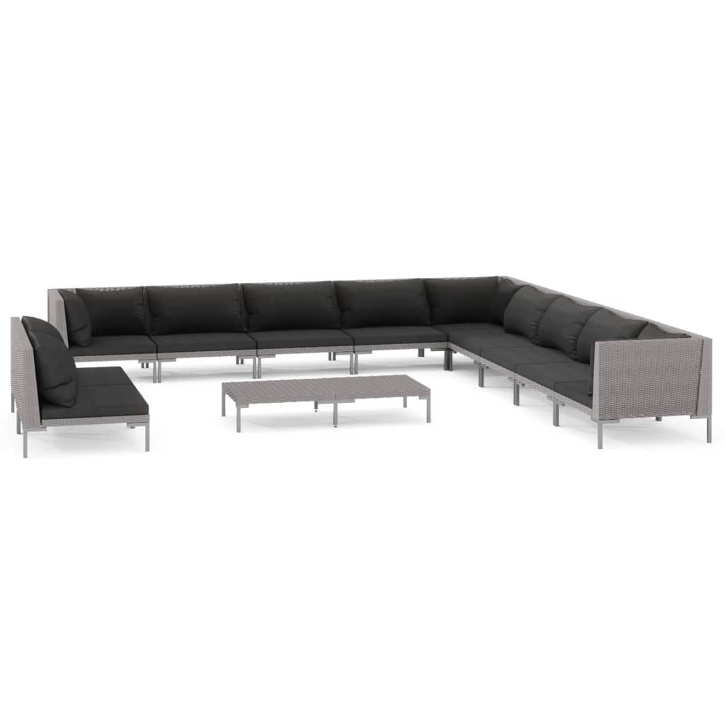 vidaXL 12-tlg. Garten-Lounge-Set mit Kissen Poly Rattan Dunkelgrau