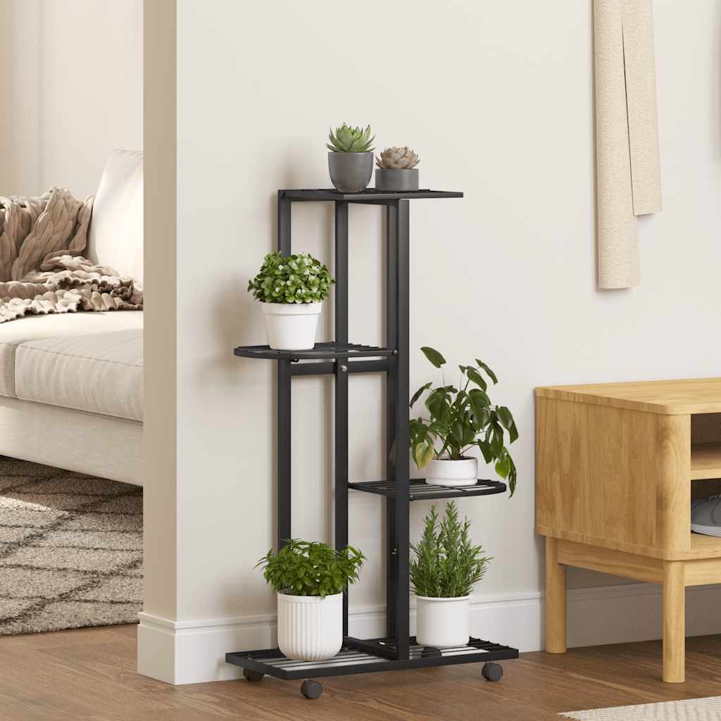 vidaXL Blumenständer 4-Etagen mit Rollen 44x23x80 cm Schwarz Eisen