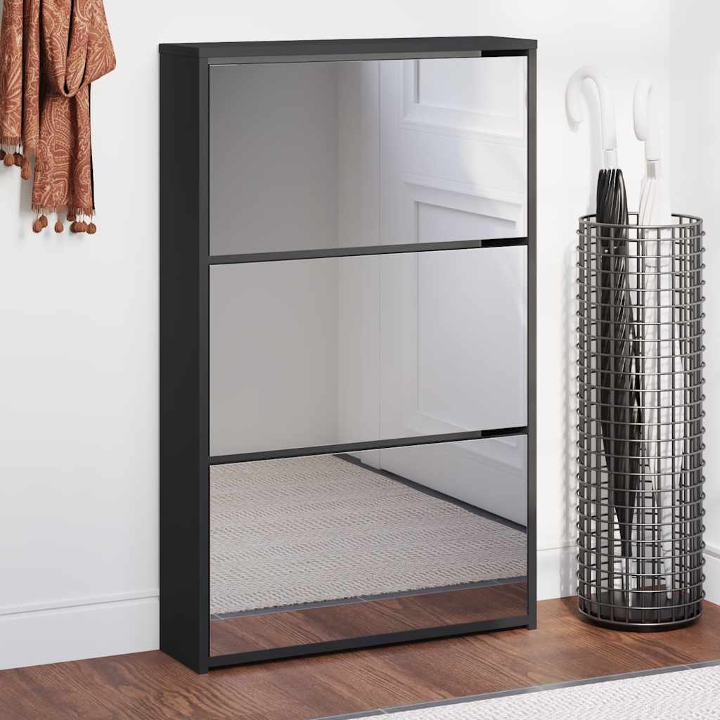 vidaXL Schuhschrank mit Spiegel 3-lagig Schwarz 63x17x102,5 cm