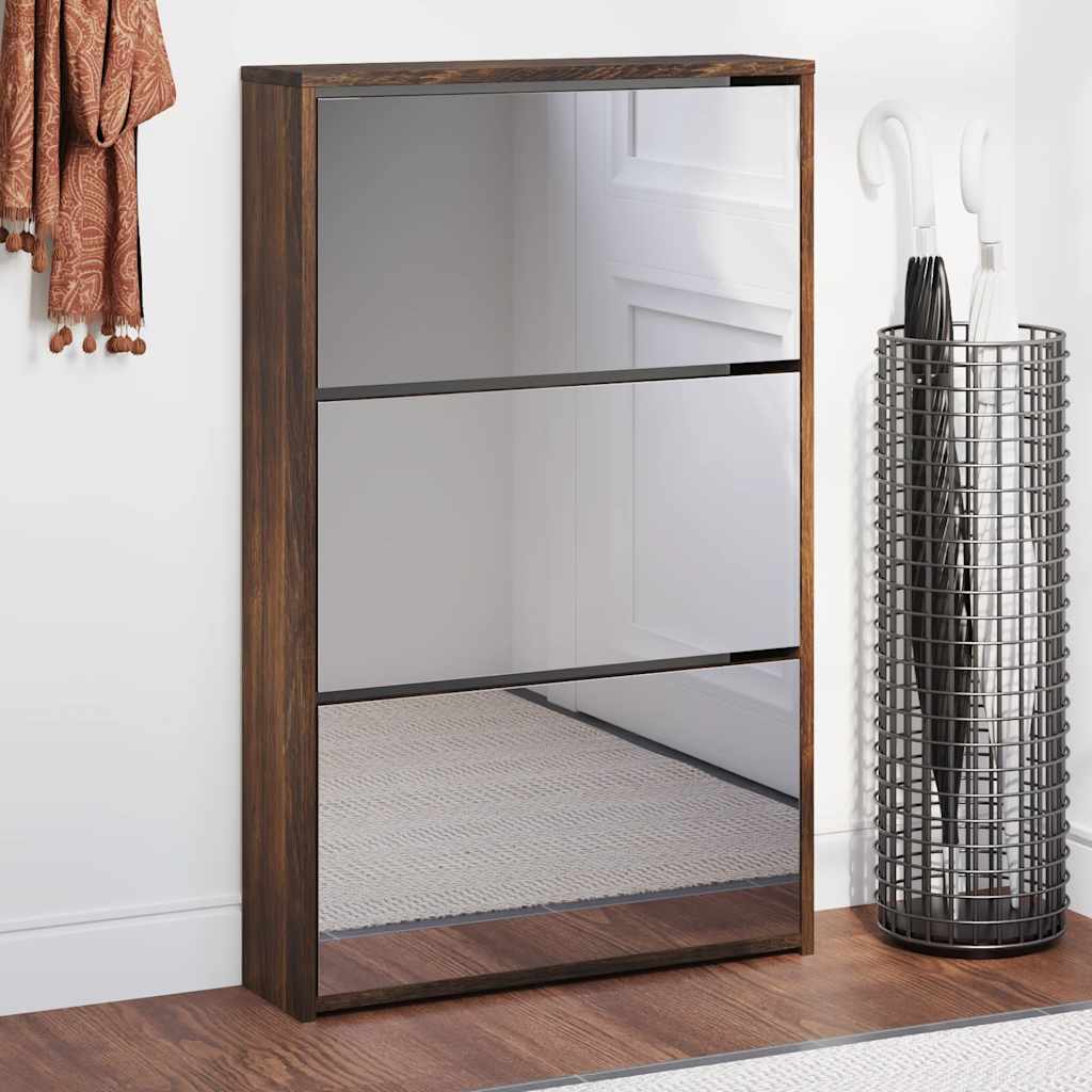 vidaXL Schuhschrank mit Spiegel 3 Fächer Räuchereiche 63x17x102,5 cm