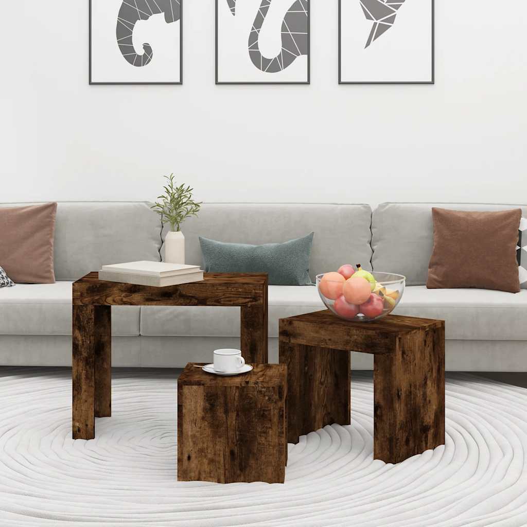 vidaXL Kaffeetische 3 Stk. Stapelbar Räuchereiche Holzwerkstoff