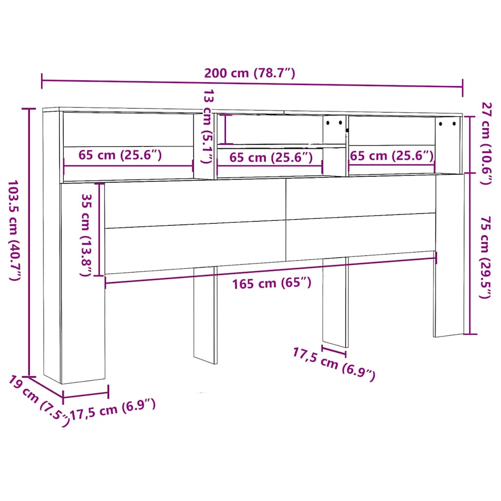 vidaXL Kopfteil mit Ablagen Sonoma-Eiche 200x19x103,5 cm