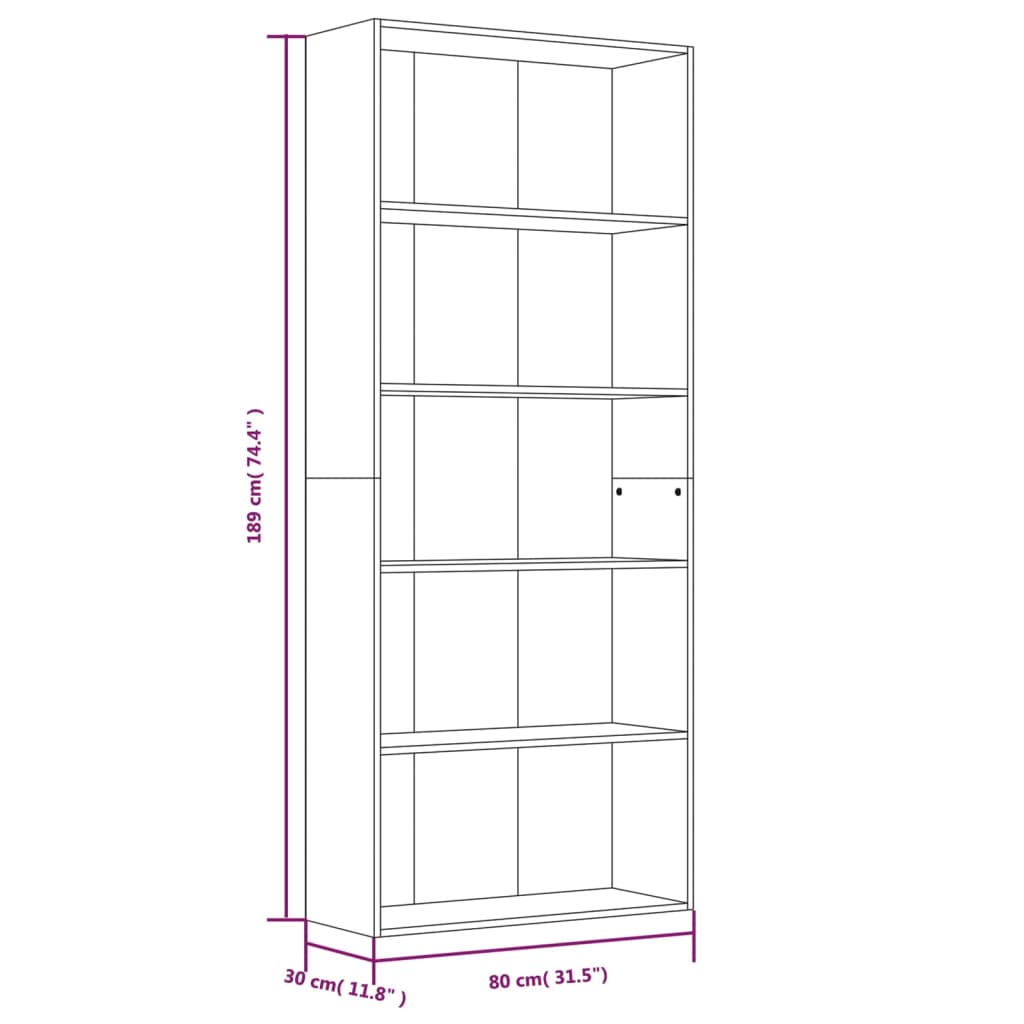 vidaXL Bücherregal 5 Fächer Braun Eichen-Optik 80x30x189 cm