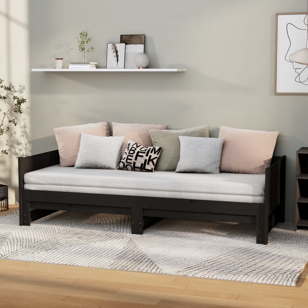 vidaXL Ausziehbares Tagesbett Schwarz Massivholz Kiefer 2x(90x200) cm