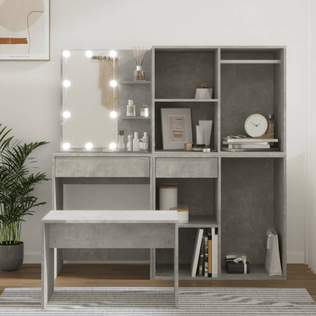 vidaXL Schminktisch-Set mit LED Betongrau Holzwerkstoff