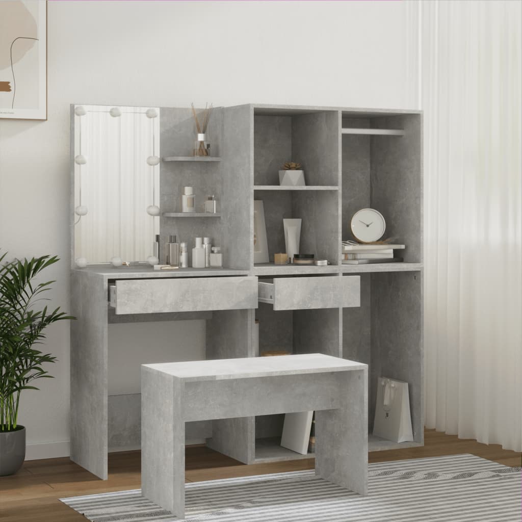 vidaXL Schminktisch-Set mit LED Betongrau Holzwerkstoff
