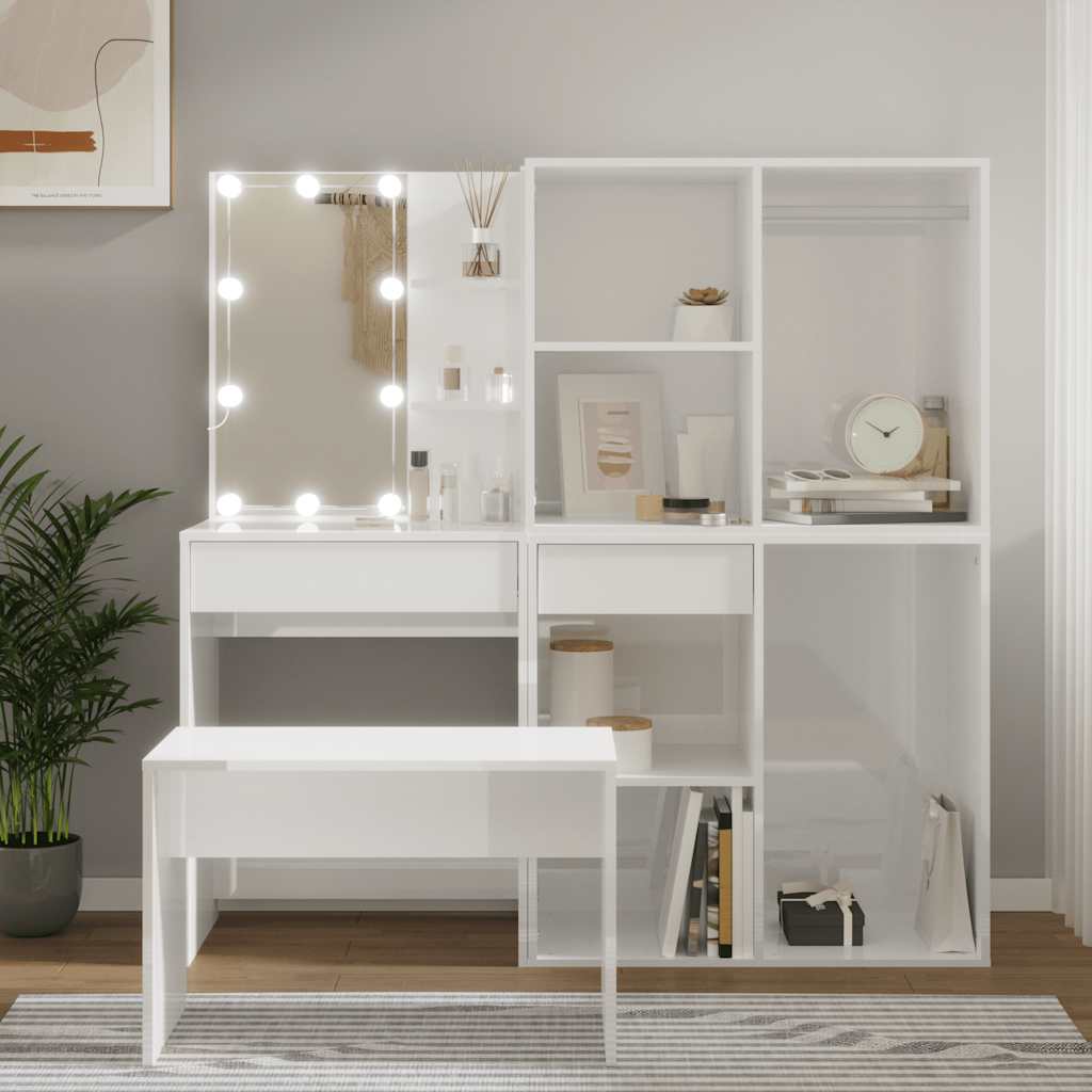 vidaXL Schminktisch-Set mit LED Hochglanz-Weiß Holzwerkstoff