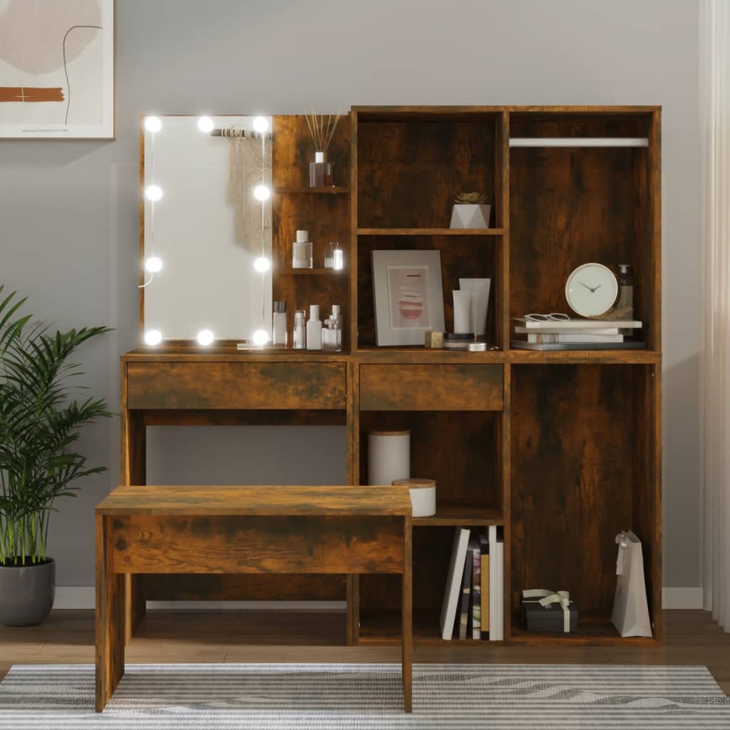 vidaXL Schminktisch-Set mit LED Räuchereiche Holzwerkstoff