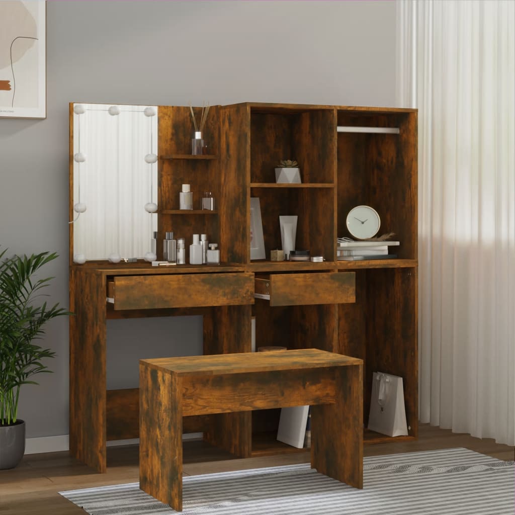 vidaXL Schminktisch-Set mit LED Räuchereiche Holzwerkstoff