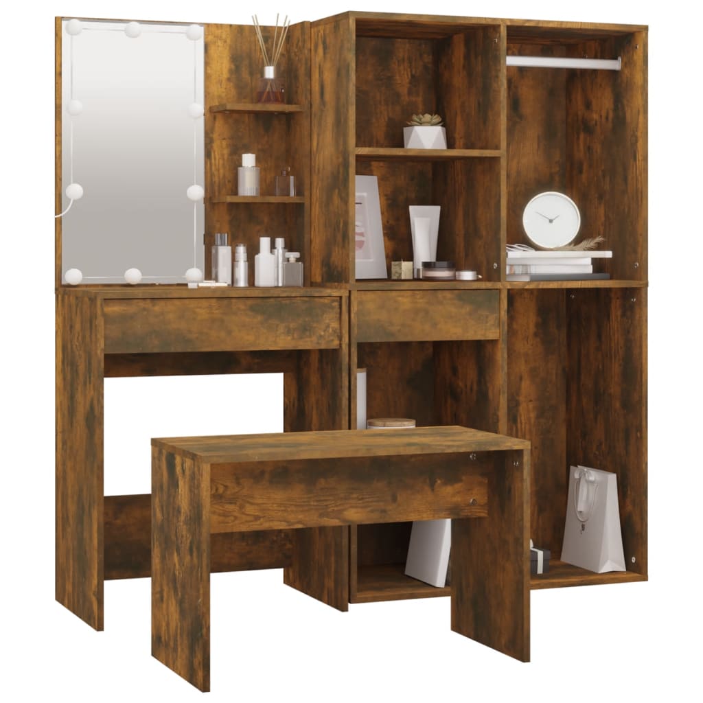 vidaXL Schminktisch-Set mit LED Räuchereiche Holzwerkstoff