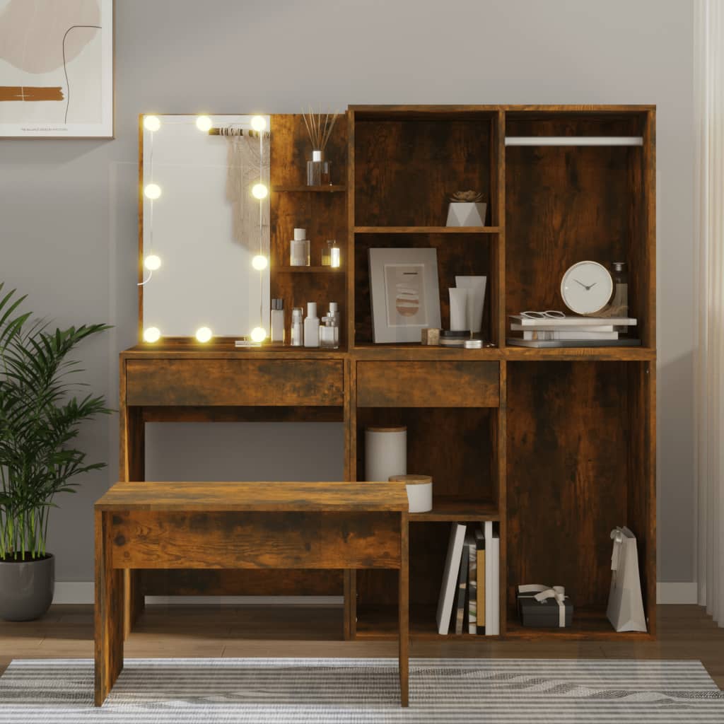 vidaXL Schminktisch-Set mit LED Räuchereiche Holzwerkstoff