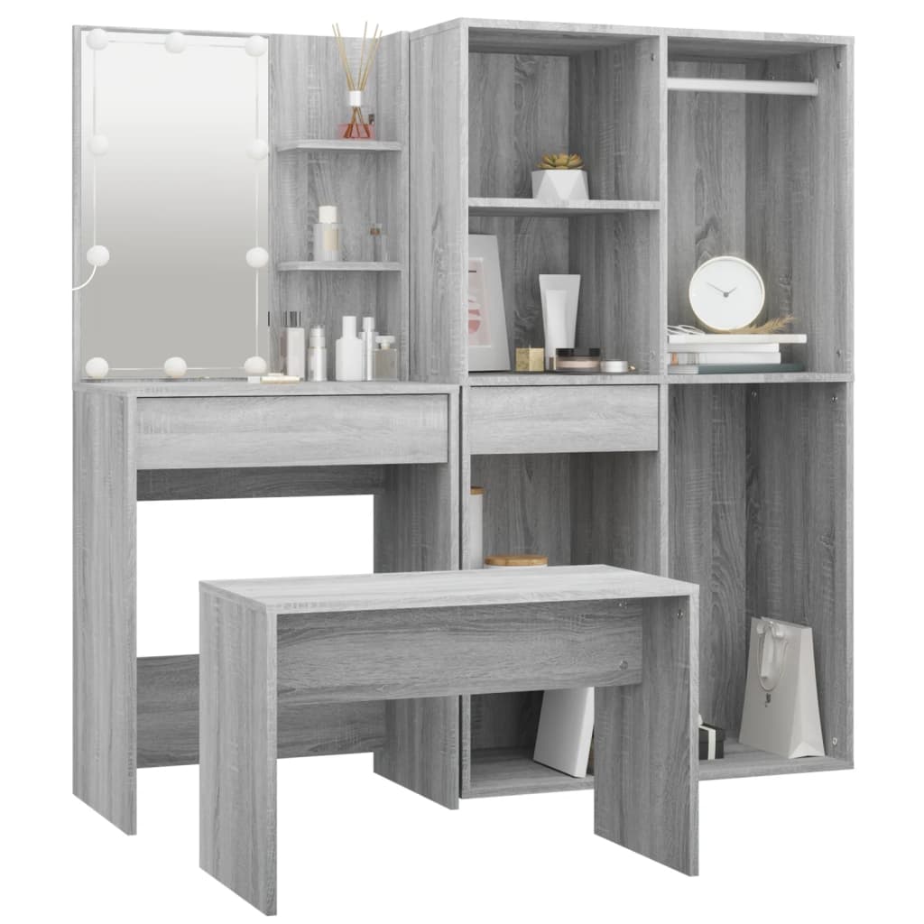 vidaXL Schminktisch-Set mit LED Grau Sonoma Holzwerkstoff