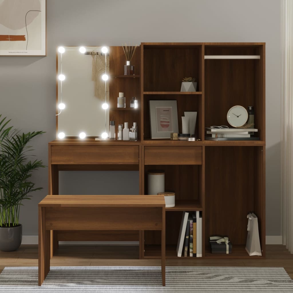 vidaXL Schminktisch-Set mit LED Braun Eichen-Optik Holzwerkstoff