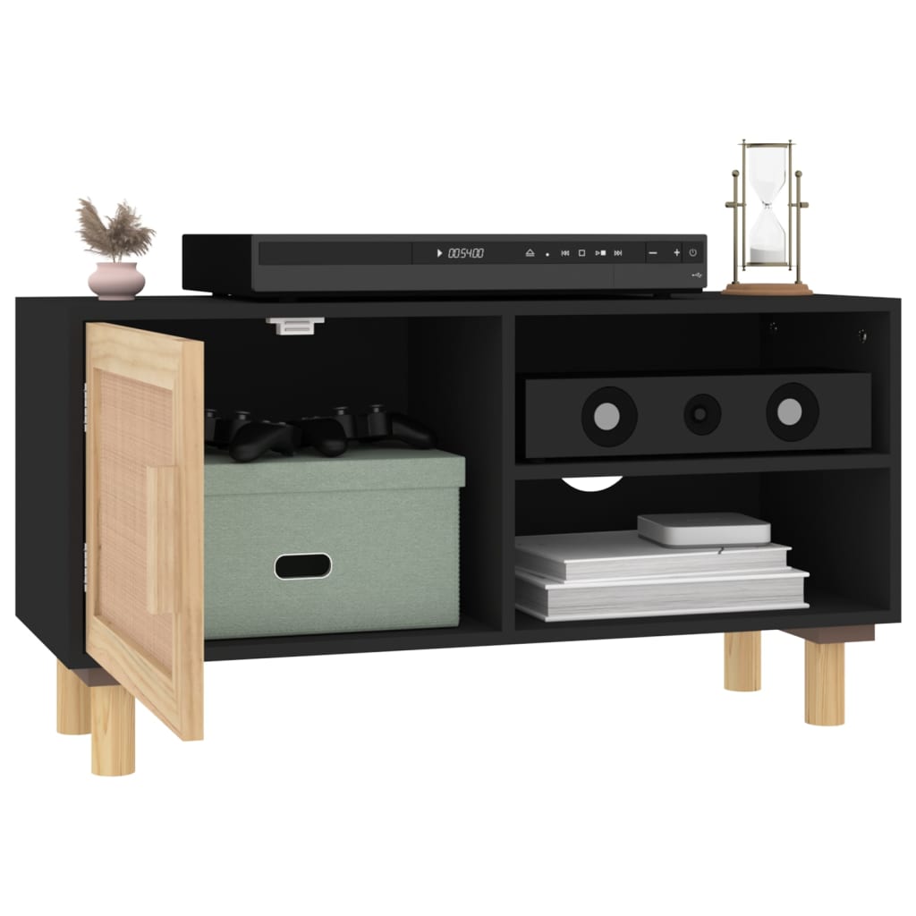 vidaXL TV-Schrank Schwarz 80x30x40 cm Massivholz Kiefer Natur-Rattan