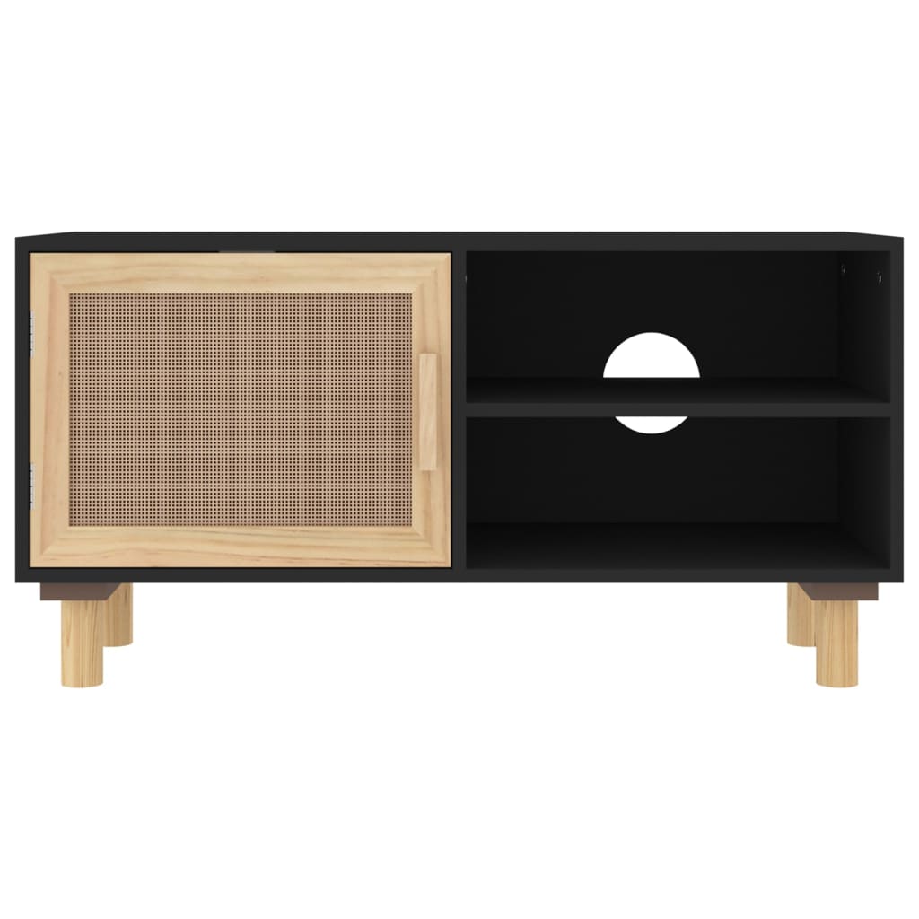 vidaXL TV-Schrank Schwarz 80x30x40 cm Massivholz Kiefer Natur-Rattan