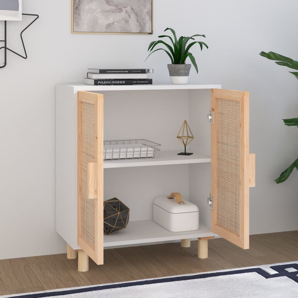 vidaXL Sideboard Weiß 60x30x70 cm Massivholz Kiefer und Natur-Rattan