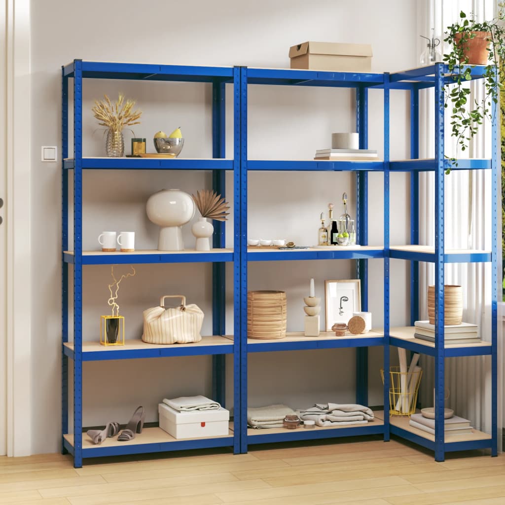 vidaXL Regale mit 5 Böden 3 Stk. Blau Stahl & Holzwerkstoff