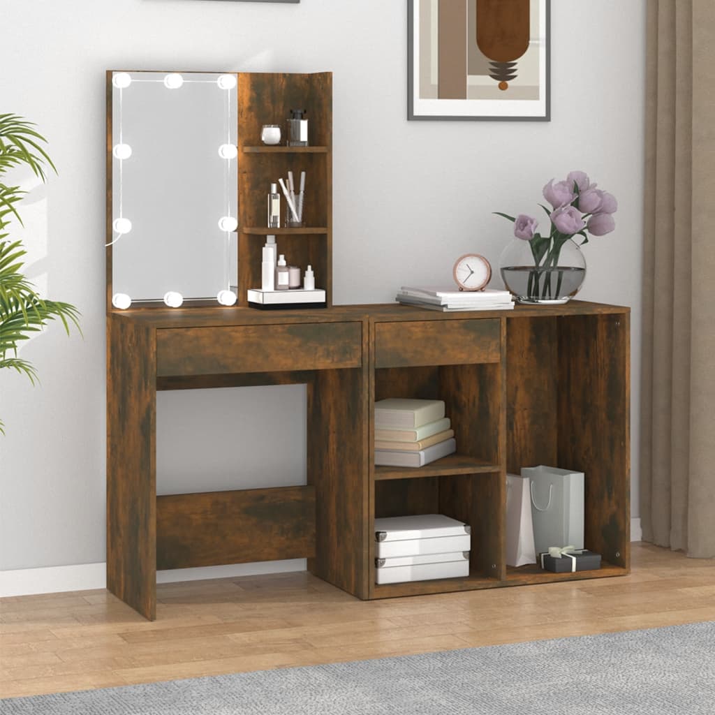 vidaXL LED-Schminktisch mit Schrank Räuchereiche Holzwerkstoff