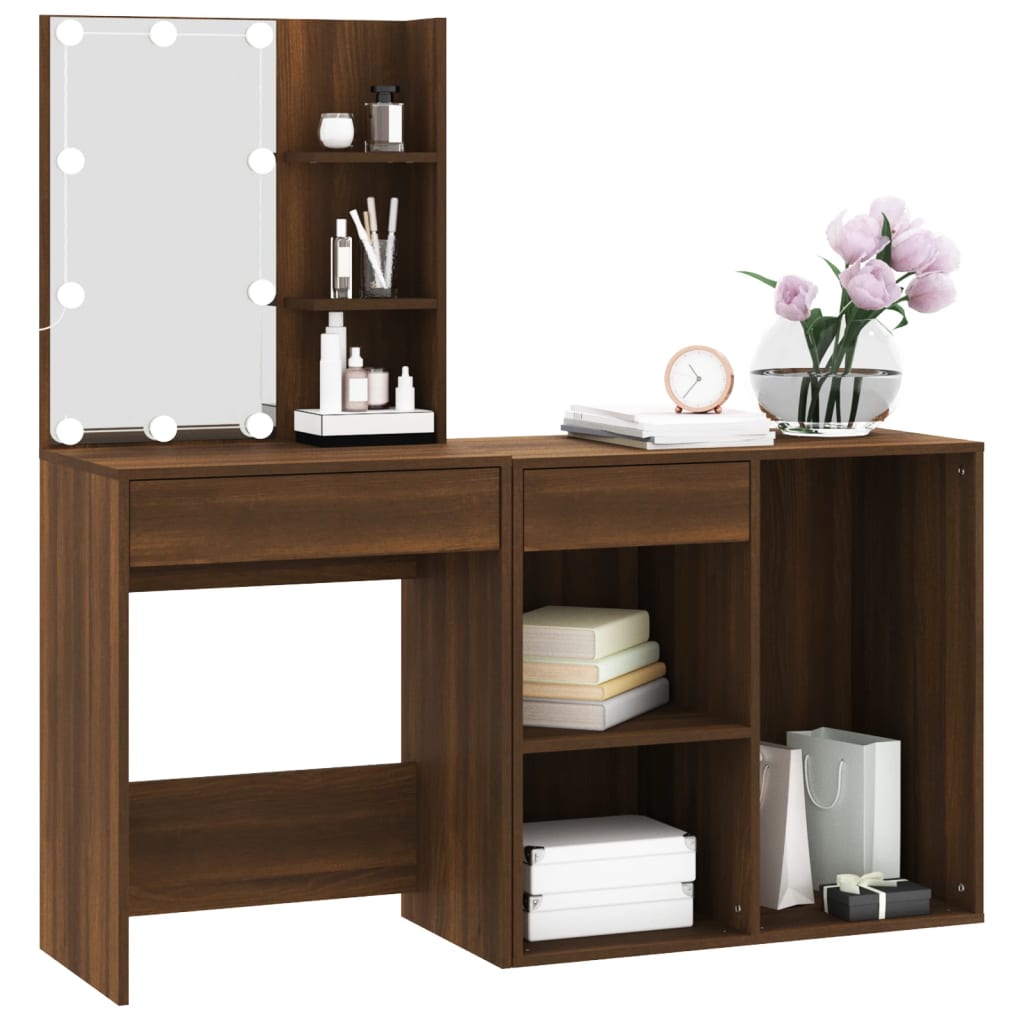 vidaXL LED-Schminktisch mit Schrank Braun Eichen-Optik Holzwerkstoff