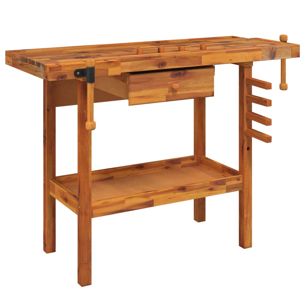 vidaXL Werkbank mit Schublade und Schraubstöcken 124 x 52 x 83 cm Massivholz Akazie