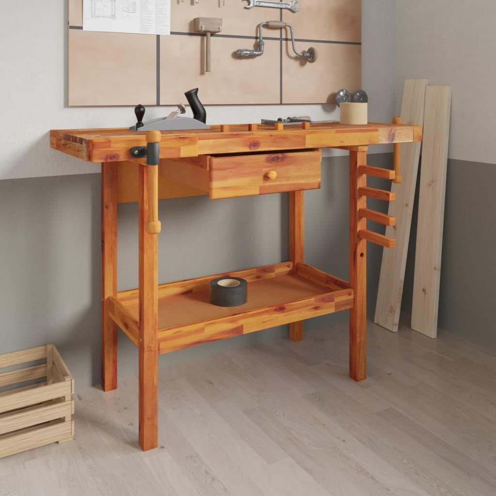 vidaXL Werkbank mit Schublade und Schraubstöcken 124 x 52 x 83 cm Massivholz Akazie