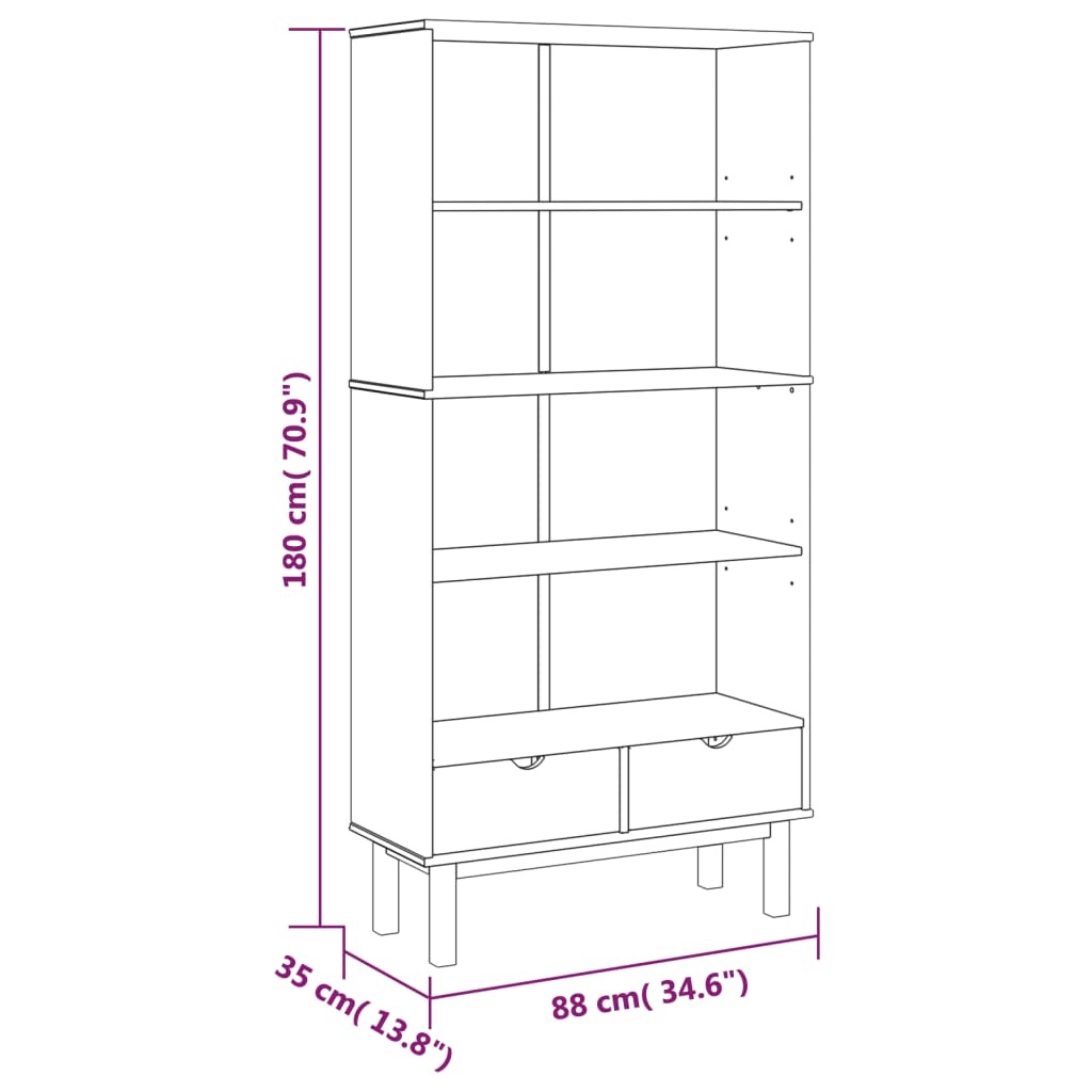 vidaXL Bücherregal OTTA mit 2 Schubladen Braun Massivholz Kiefer