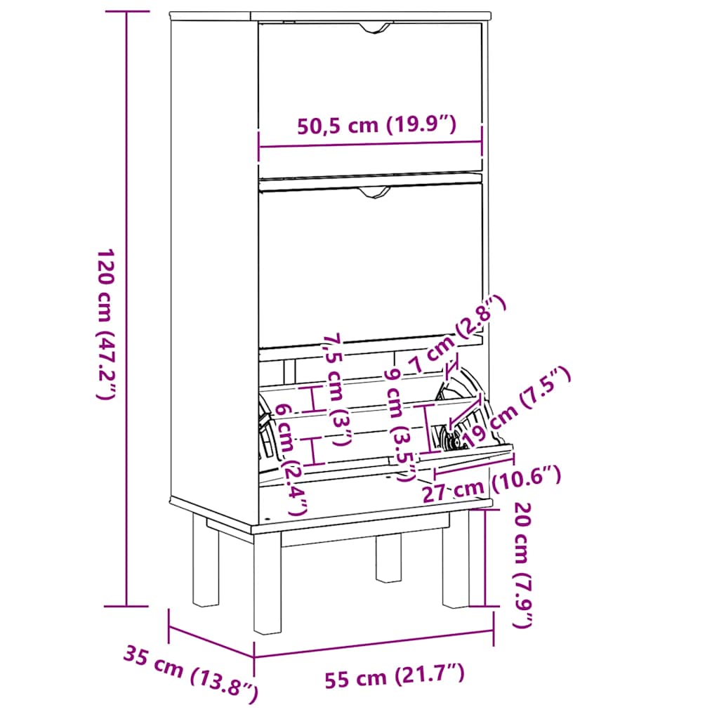 vidaXL Schuhschrank OTTA mit 3 Schubladen Braun&Grau Massivholz Kiefer