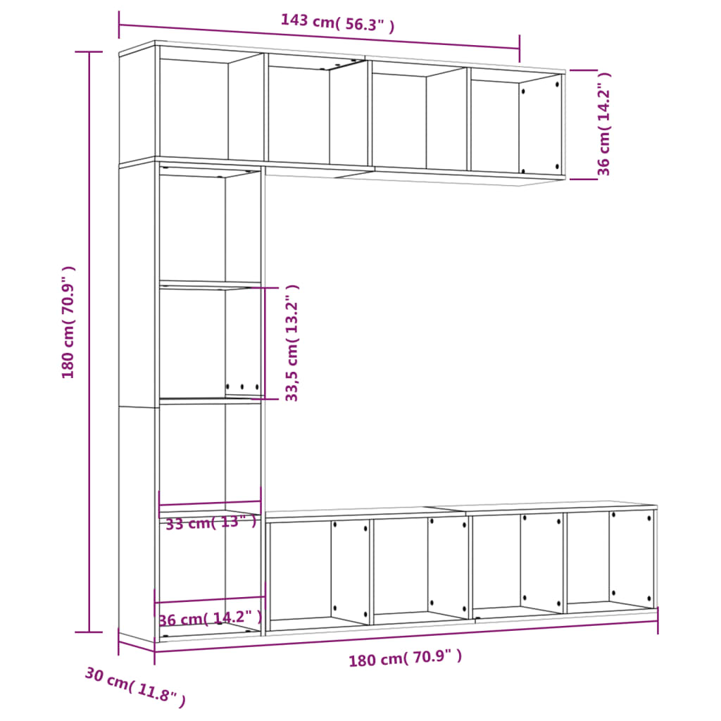 vidaXL 3-tlg. Bücherregal-/TV-Schrank-Set Räuchereiche 180x30x180 cm