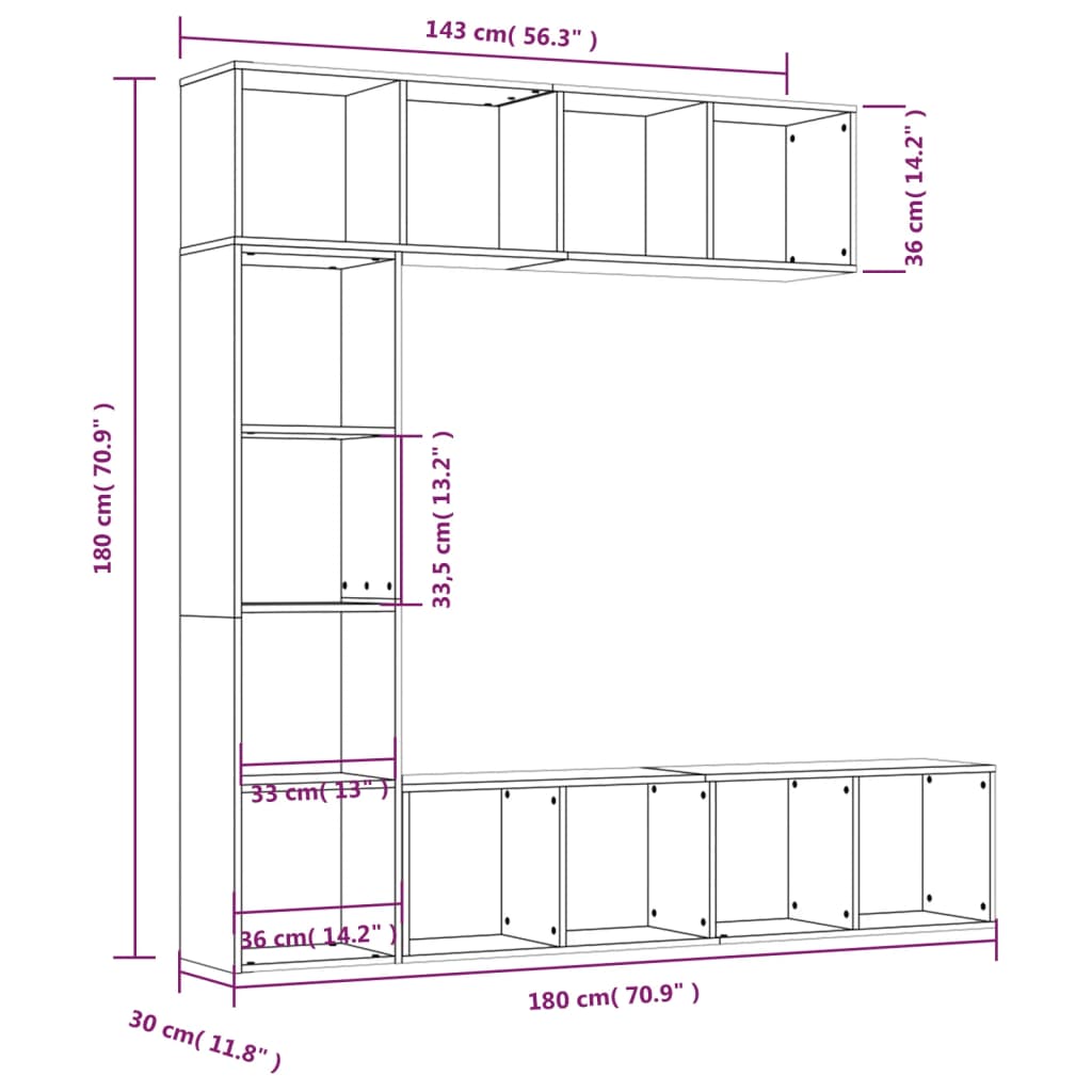 vidaXL 3-tlg. Bücherregal-/TV-Schrank-Set Grau Sonoma 180x30x180 cm